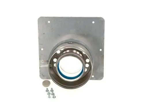 BOSCH Abgasanschluss mit metallischer Montageschnittstelle und einer runden Öffnung. Zubehörteile wie Schrauben und eine Unterlegscheibe sind sichtbar.